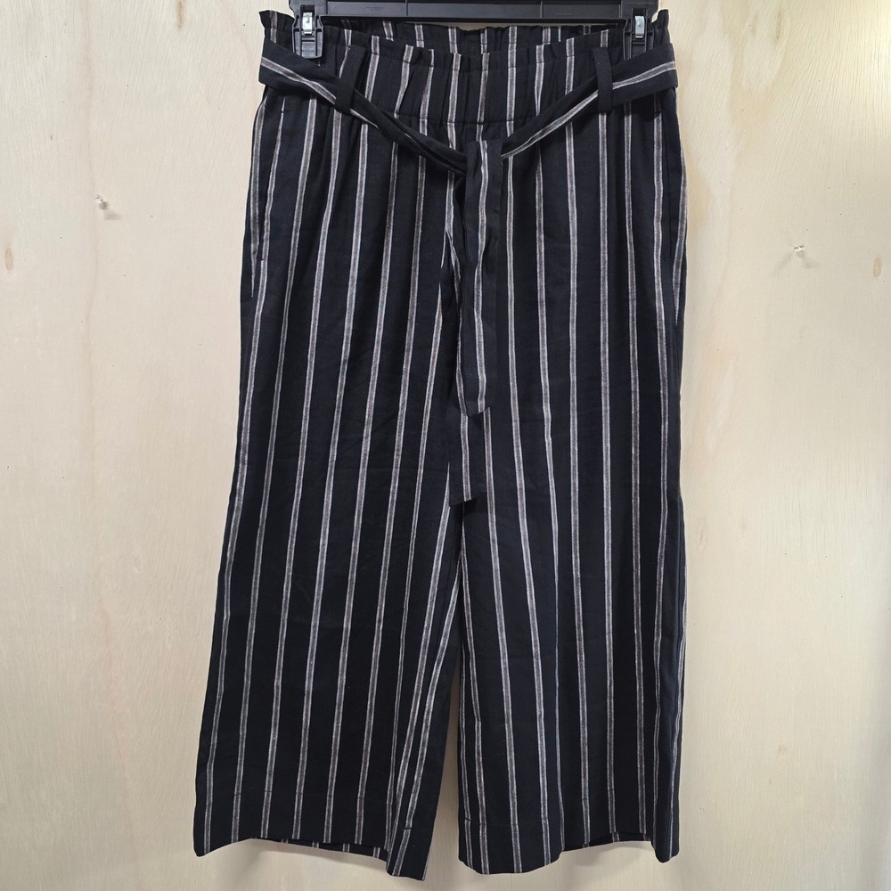 J. Jill Linen Stretch Striped Paperbag Wide Leg Crop Pants Black Petite Small - Picture 2 of 16